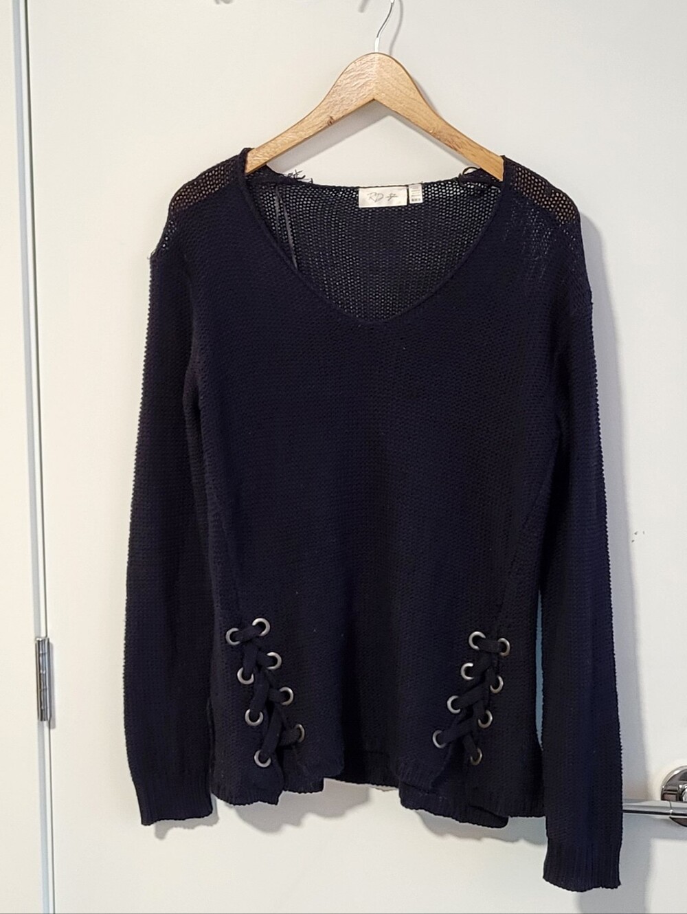Navy Knit V-Neck Lace-Up Sweater